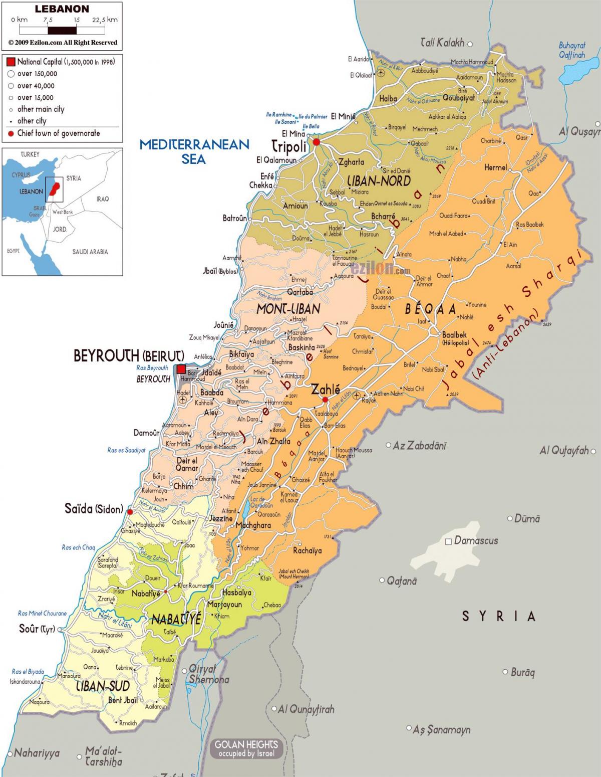 ლიბანის დეტალური რუკა